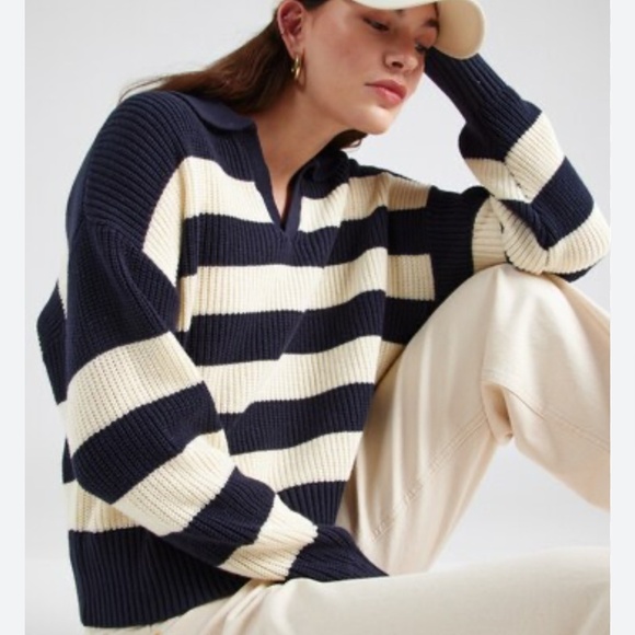 Levi's Eve Bold Block Stripe Sweater Navy Cream Size Medium Preppy - Picture 1 of 10